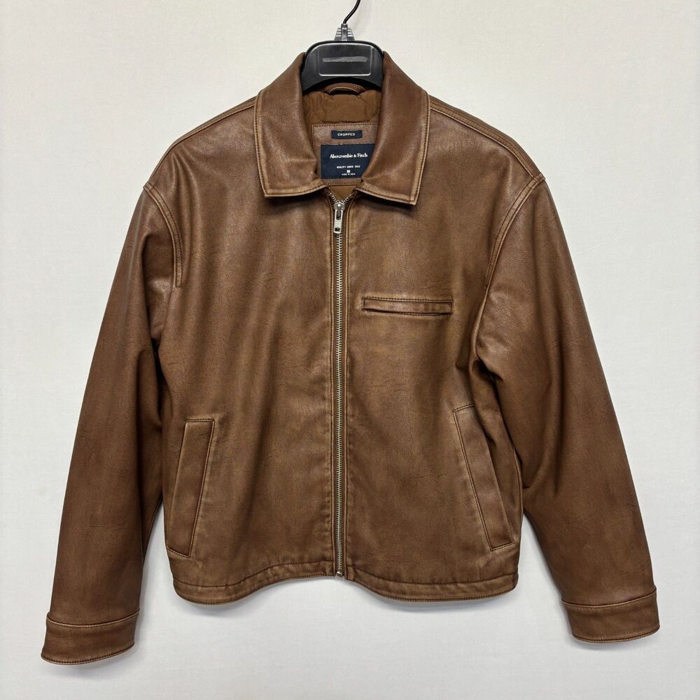 Abercrombie & Fitch Men Cropped Vegan Leather Trucker Jacket Size Medium D131 28